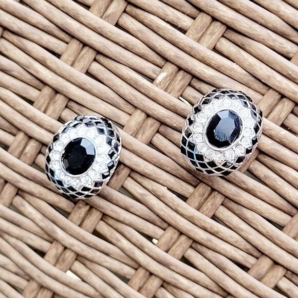 CARRE Blach & White Rhinestone Vintage Clip On Earrings - Picture 1 of 9